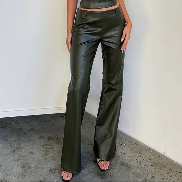 Tiger Mist Pants - Tigermist- Olive Teddie PU Leather Mid Rise Flared Pants Size XL NWT
